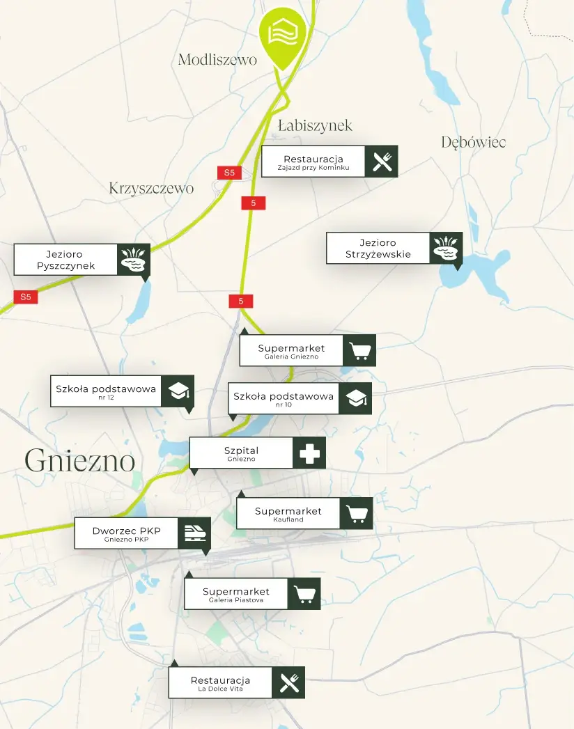 Mapa okolicy Osiedla nad Strugą: Gniezno, szkoły, sklepy i jeziora